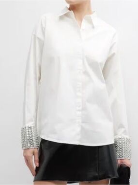 Retrofete White Button-Down Shirt with Embellished Crystal Cuffs